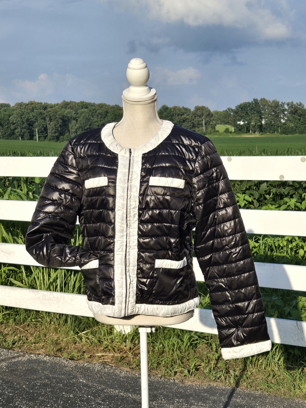 INC International Concepts Black Quilted Puffer Jacket with White Trim
